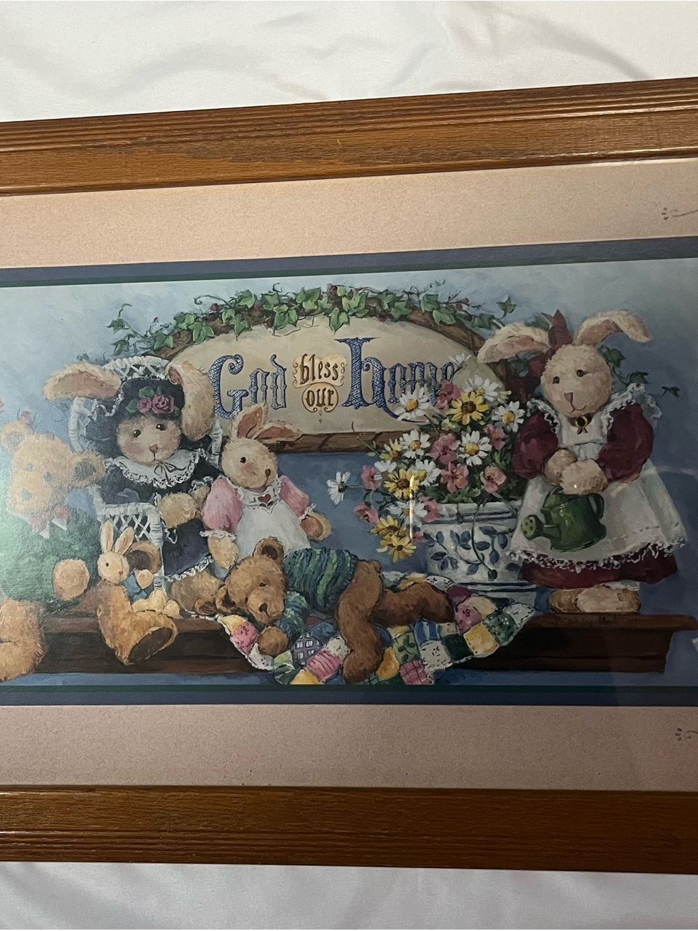 Vintage Home Interiors Bunny & Bears God Bless Our Home Wall Decor 22.5” x 14.5”